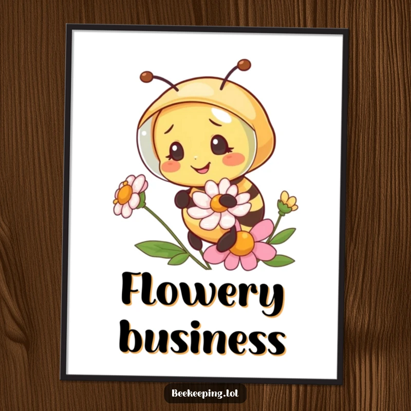 Funny bee in a miniature beekeeper veil, examining a flower, a charming and humorous art print for wall decor.
