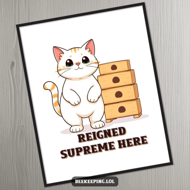 Funny proud cat standing beside empty beekeeping hives, a humorous and majestic poster for wall art.