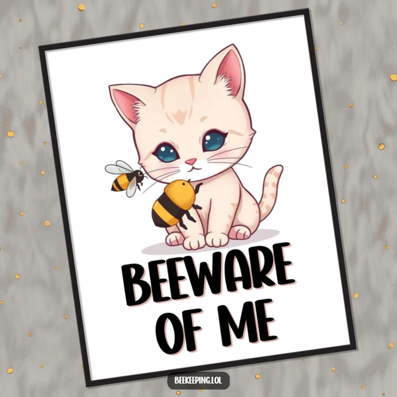 Funny poster featuring a curious cat's face very close to a buzzing bee, capturing a moment of intense, humorous inspection.