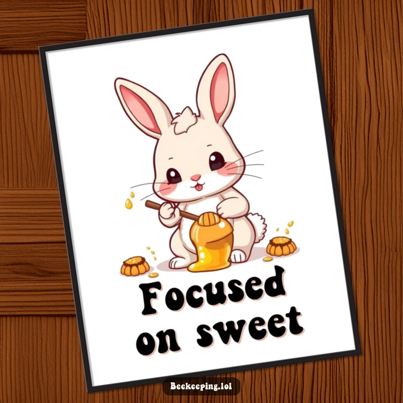 Funny determined rabbit collecting honey, creating a motivational and humorous artwork for a wall poster.