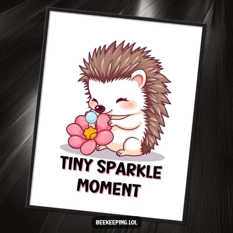 Funny Hedgehog Touching Dewdrop Poster: A hedgehog gently touches a dewdrop on a flower, conveying peaceful beauty.