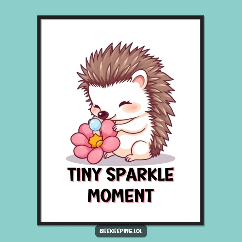 Funny Hedgehog Touching Dewdrop Poster: Charming Wall Art for Nature Lovers