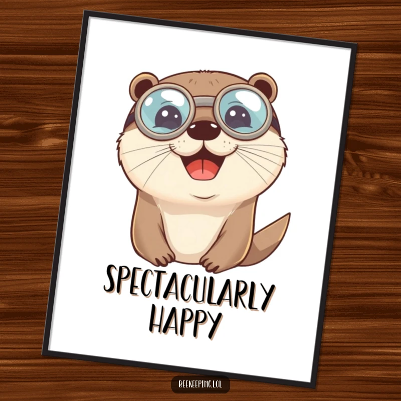 Funny cheerful otter wearing round protective goggles, a humorous and vibrant poster for wall art.