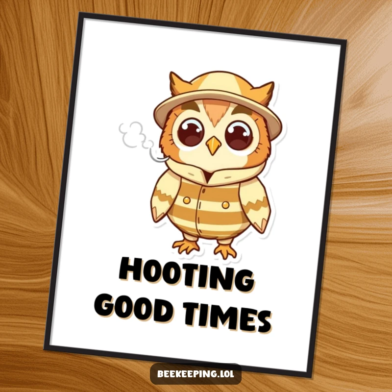 Funny cheerful owl in a beekeeper suit, holding a puff of smoke, a charming and humorous art print.