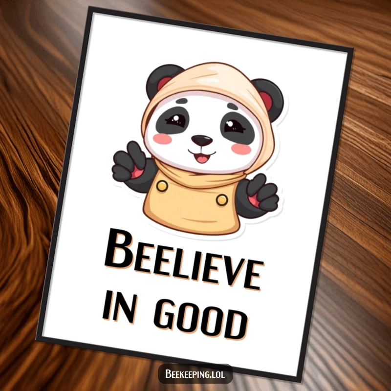 Funny Panda Beekeeper Poster: A smiling panda in a beekeeper veil, a cheerful and heartwarming piece of art.