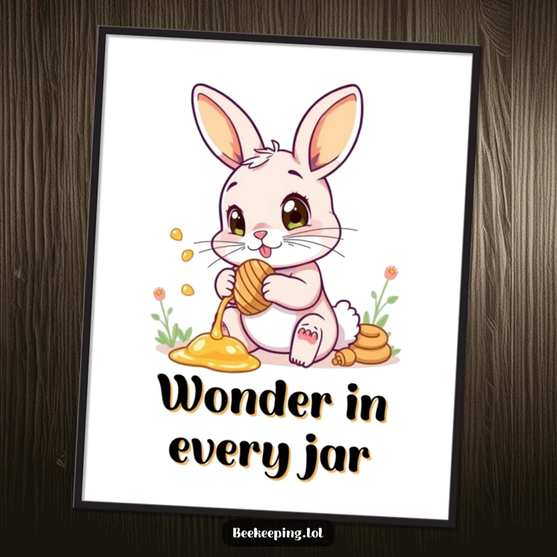 Funny poster showing a bunny with wide eyes carefully collecting honey, radiating wonder.