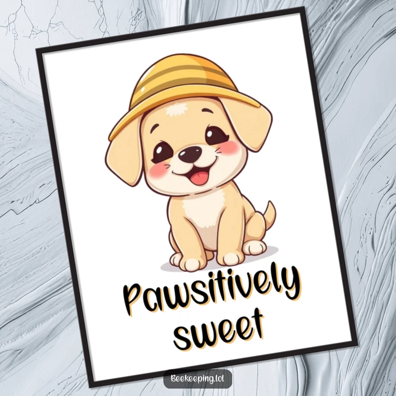 Funny Puppy Beekeeper Poster, charming art print, a giggling puppy wearing a tiny beekeeper hat, humorous pet decor.