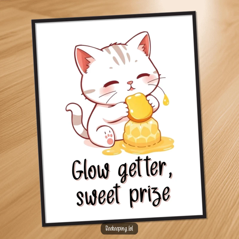 Funny poster of a determined cat delicately collecting honey from a luminous, glowing honeycomb.