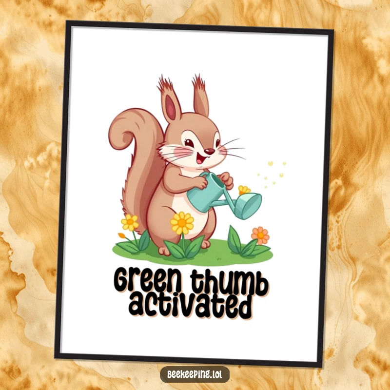 Funny Squirrel Watering Flower Poster: A squirrel happily waters a flower with a tiny can, a cheerful wall decoration.