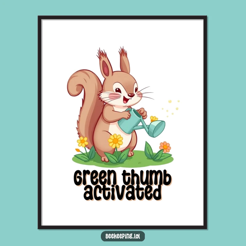 Funny Squirrel Watering Flower Poster: Charming Wall Art for Garden Lovers