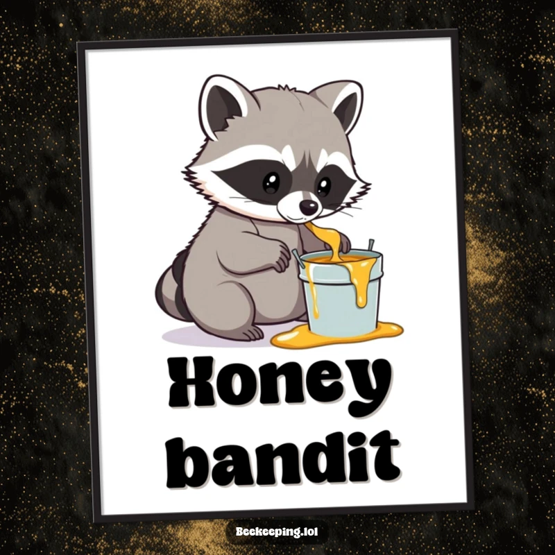 Funny Raccoon Honey Poster, charming art print, a determined raccoon gently scooping honey into a small pail, humorous woodland decor.