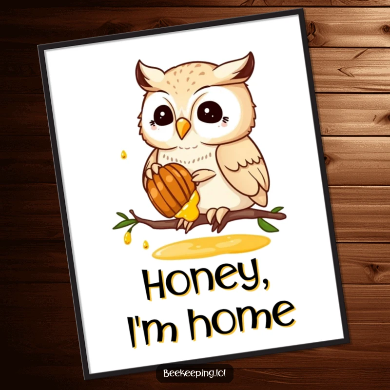 Funny poster of a proud owl gently collecting golden honey from a honeycomb, a heartwarming and humorous nature illustration.
