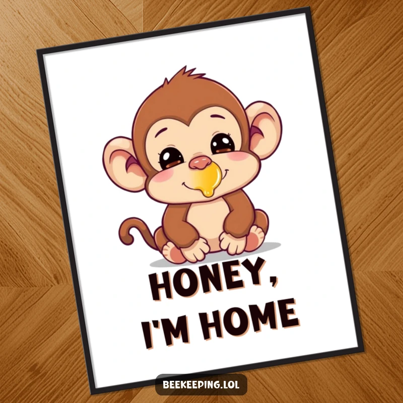 Funny silly monkey with a tiny bit of honey on its nose, a humorous and charming poster for wall art.