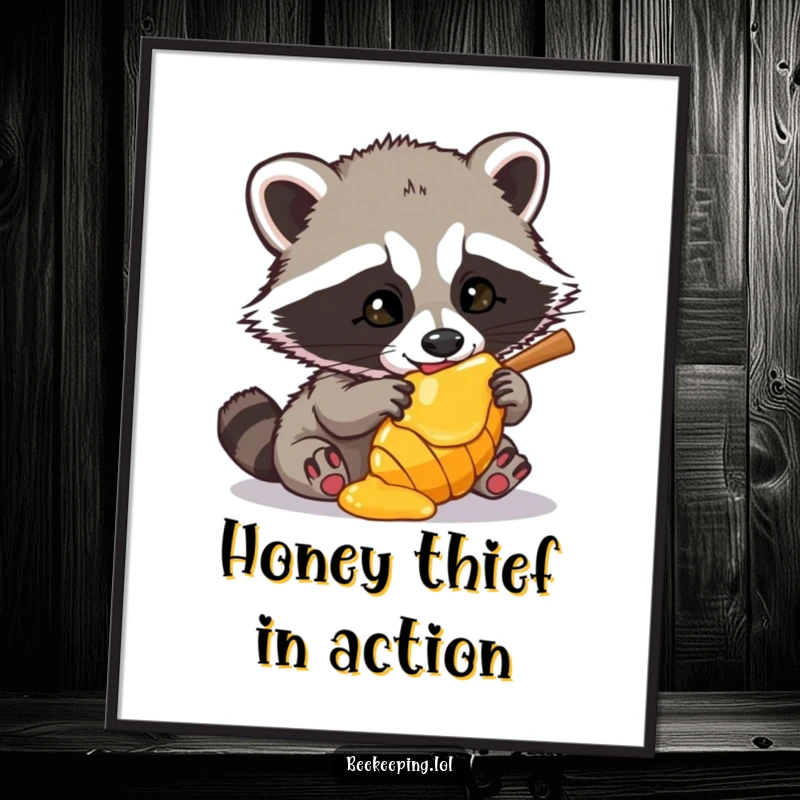 Funny Raccoon Poster depicting a cute, mischievous raccoon attempting to sneak a taste of honey from a honeycomb, a humorous art piece.