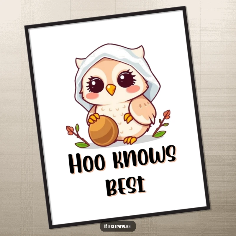 Funny Owl Beekeeper Poster, whimsical art print, smiling owl wearing veil, tending a beehive, cute and humorous wall decor.