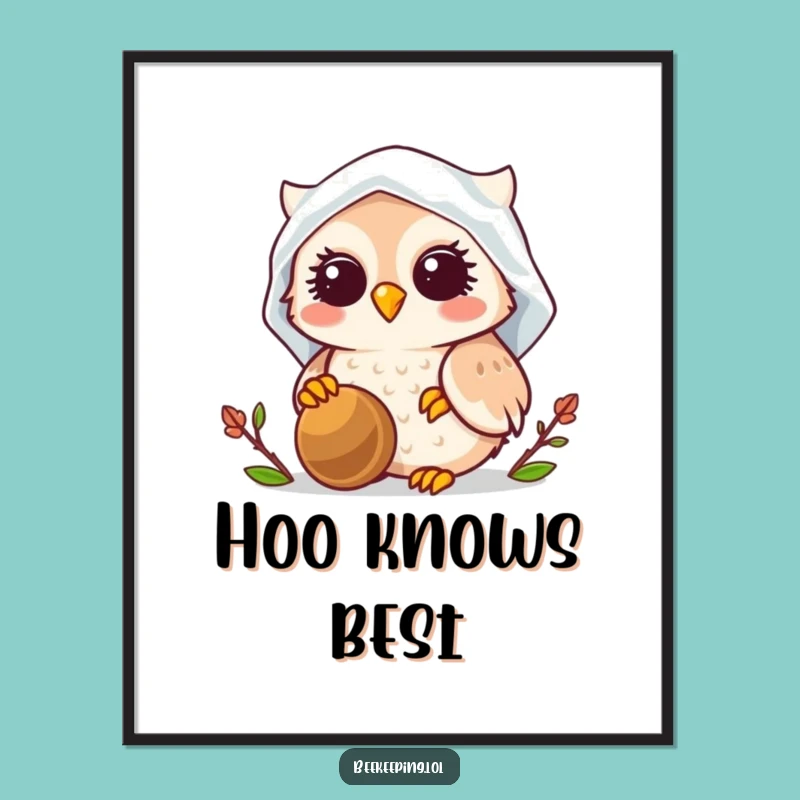 Funny Owl Beekeeper Poster: Whimsical Smiling Owl in Veil, Delightful Bee Art Print
