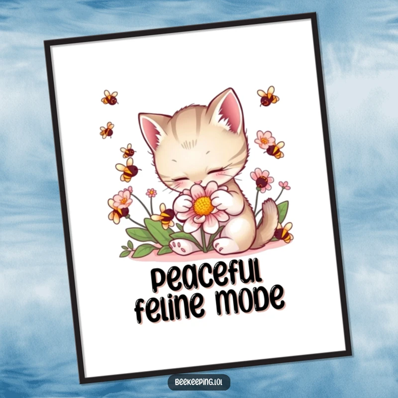Funny Kitten Flower Poster: A kitten softly touches a flower, bees buzzing around, creating a peaceful and cute wall display.