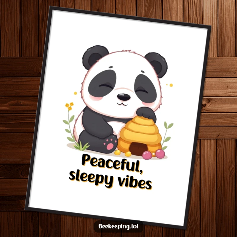 Funny Panda Poster depicting a contented, sleepy panda cub resting near a peaceful beehive, a humorous and tranquil artwork.