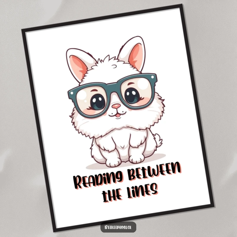 Funny fluffy bunny wearing oversized reading glasses, depicted as studious wall art, bringing intellectual and humorous vibes home.