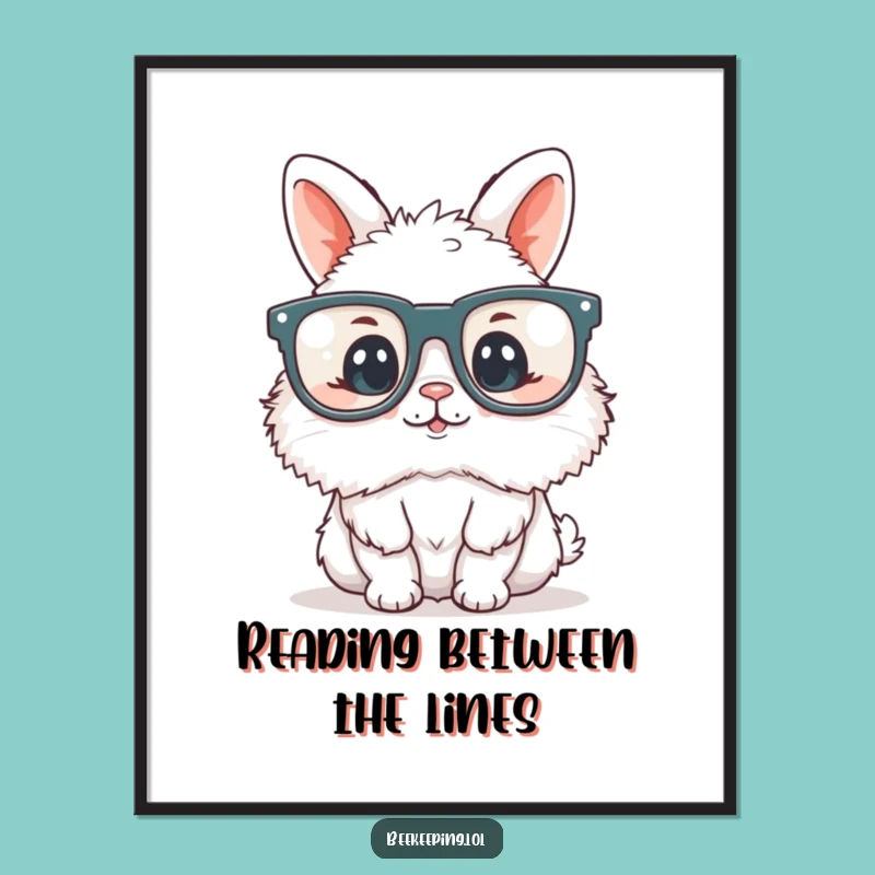 Funny Bunny Bookworm Poster - Fluffy Reader with Glasses Art, Quirky Decor Gift