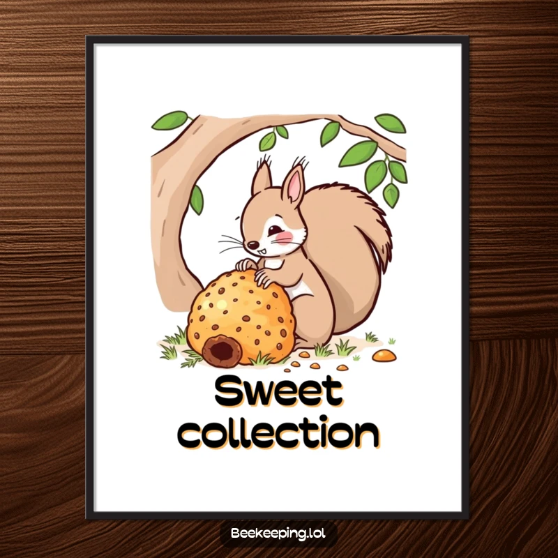 Funny poster illustration of a squirrel focused on tending a very large, bustling beehive. Humorous and imaginative wall art.