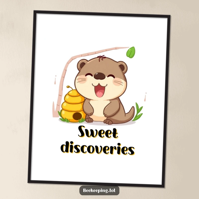 Funny Otter Beehive Poster, charming art print, happy otter peeking curiously into a beehive, humorous animal decor.