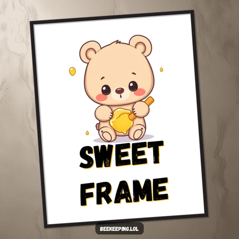 Funny bear poster illustrating a proud bear gently holding a frame of honey, an artistic and humorous piece.