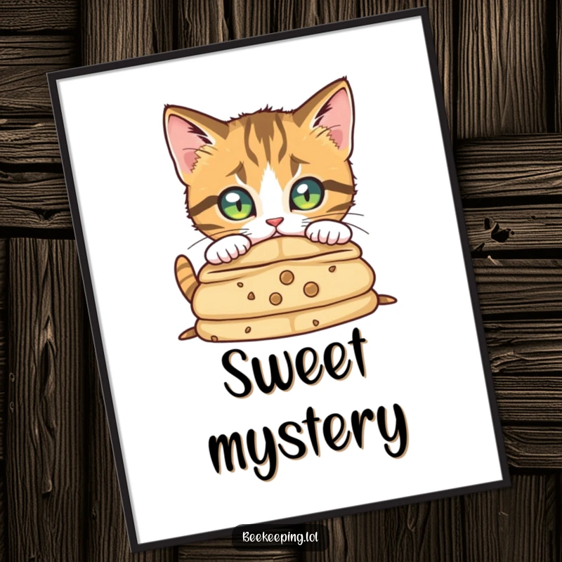 Funny curious cat peering into a beehive, creating an intriguing and humorous artwork for a wall poster.