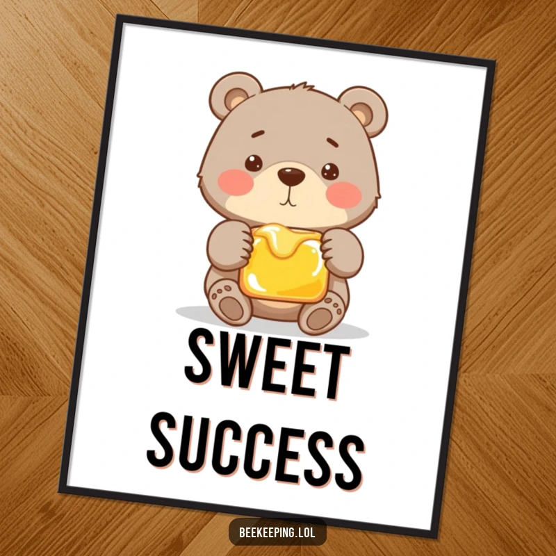 Funny poster illustrating a proud bear carefully holding a frame brimming with golden honey. Charming and humorous wall art.