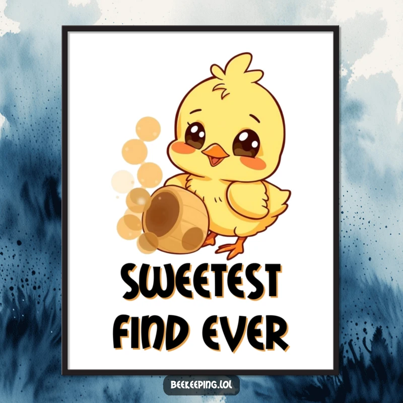 Funny poster with a cheerful chick pecking at a honeycomb, wide curious eyes, bringing a touch of sweetness to decor.
