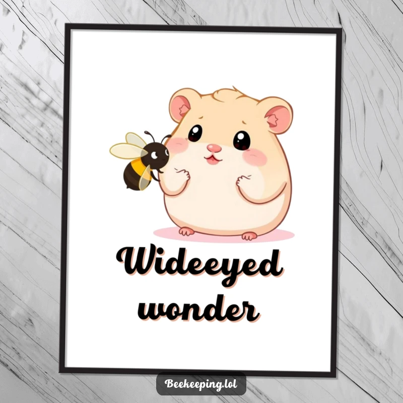 Funny Hamster Poster depicting a plump hamster with wide, surprised eyes staring at an oversized bee, a humorous and captivating artwork.