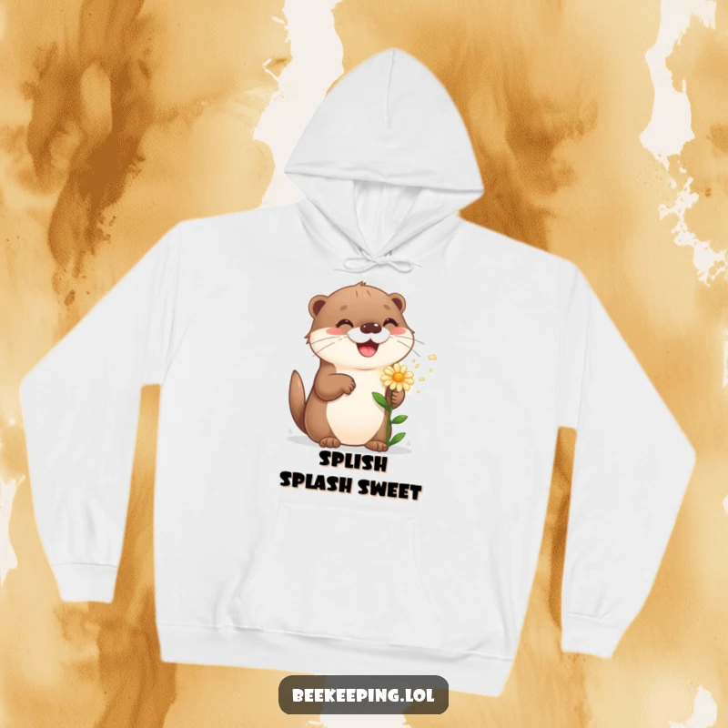 Funny playful otter happily sprinkling a flower, bringing warmth and cheer on a cozy hoodie.