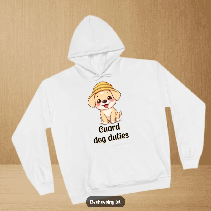 Funny Puppy Beekeeper Hoodie, cozy and warm, a giggling puppy wearing a tiny beekeeper hat, humorous pet themed clothing.