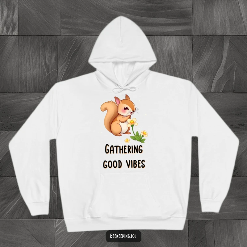Funny Squirrel Flower Hoodie, cozy and warm, bouncy squirrel gathering nectar from a flower, humorous woodland themed clothing.