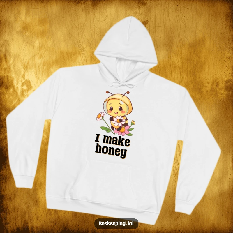 Funny happy bee in a miniature beekeeper veil, inspecting a bright flower, a warm and humorous hooded sweatshirt.