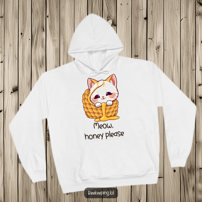Funny cat honeycomb hoodie, giggling cat curious about dripping honey, sweet and cozy, perfect funny gift.