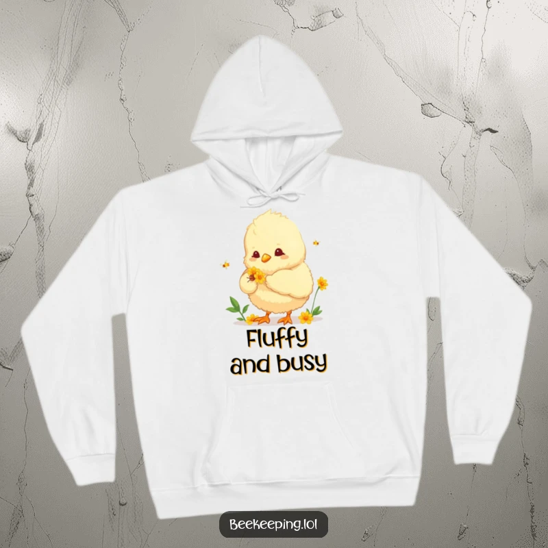 Funny hoodie featuring a fluffy chick helping to collect nectar. Cozy and humorous apparel for bird and nature enthusiasts.