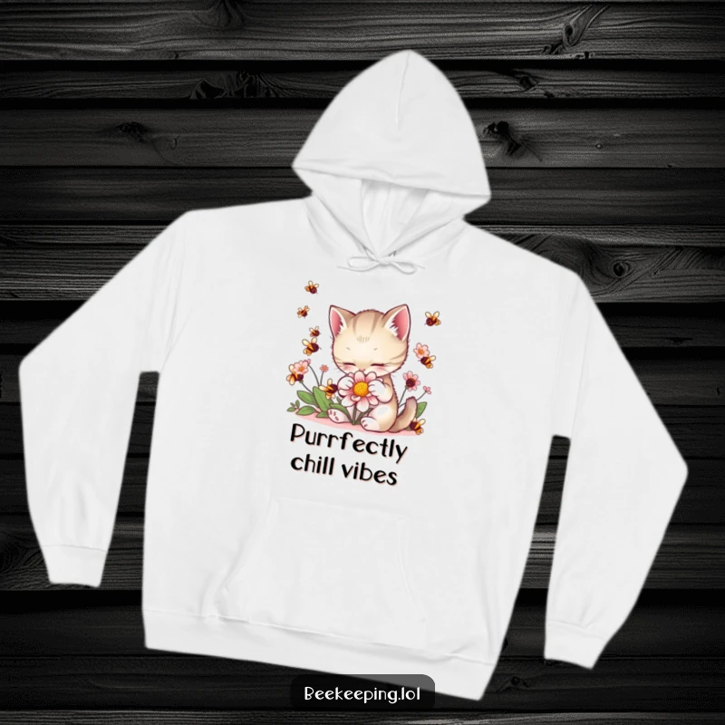 Funny Kitten Flower Hoodie: A charming kitten delicately pets a flower, with buzzing bees creating a lively scene.