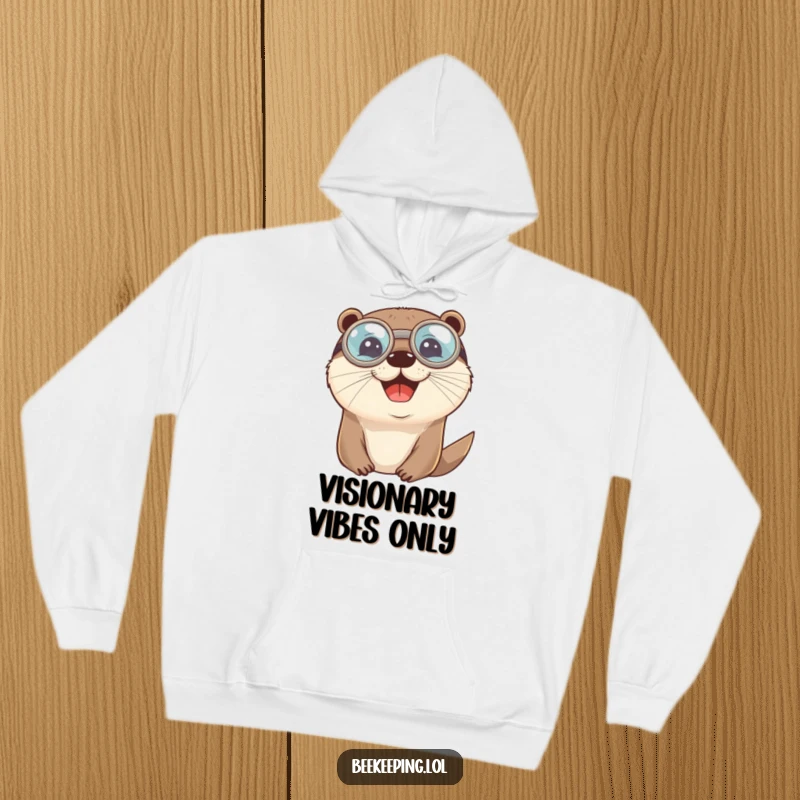 Funny cheerful otter wearing round protective goggles on a cozy hoodie, perfect for humorous warmth.