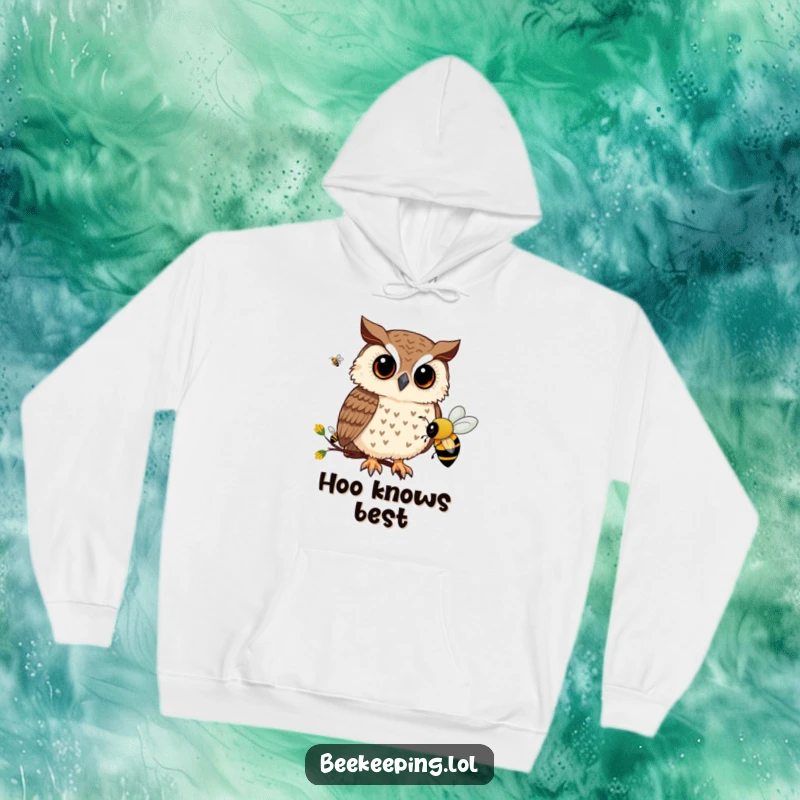 Funny hoodie with a curious owl looking intently at busy bees, offering a warm, humorous, and intriguing design.