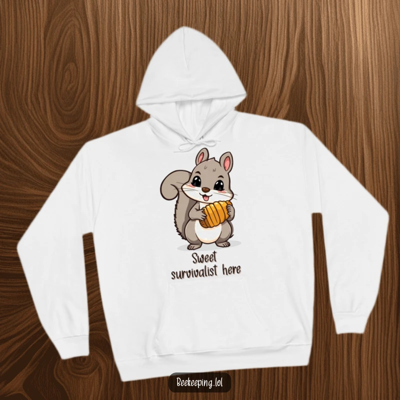 Funny brave squirrel holding a comb full of honey, looking determined, featured on a warm hoodie, ideal for adventurers.