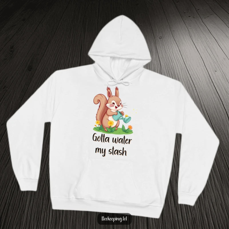Funny Squirrel Watering Flower Hoodie: A squirrel joyfully waters a flower with a mini watering can, a heartwarming design.
