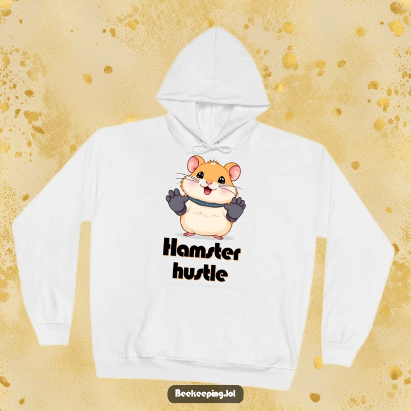 Funny hoodie showcasing a smiling hamster wearing tiny work gloves, ready for a productive day. Cozy and humorous attire.