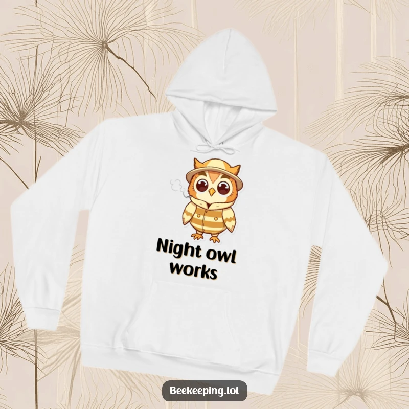 Funny cheerful owl in a beekeeper suit, holding a puff of smoke, a warm and humorous hooded sweatshirt.