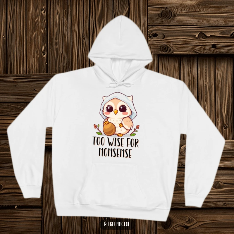 Funny Owl Beekeeper Hoodie, warm and cozy, smiling owl wearing veil, tending a beehive, adorable and humorous clothing.