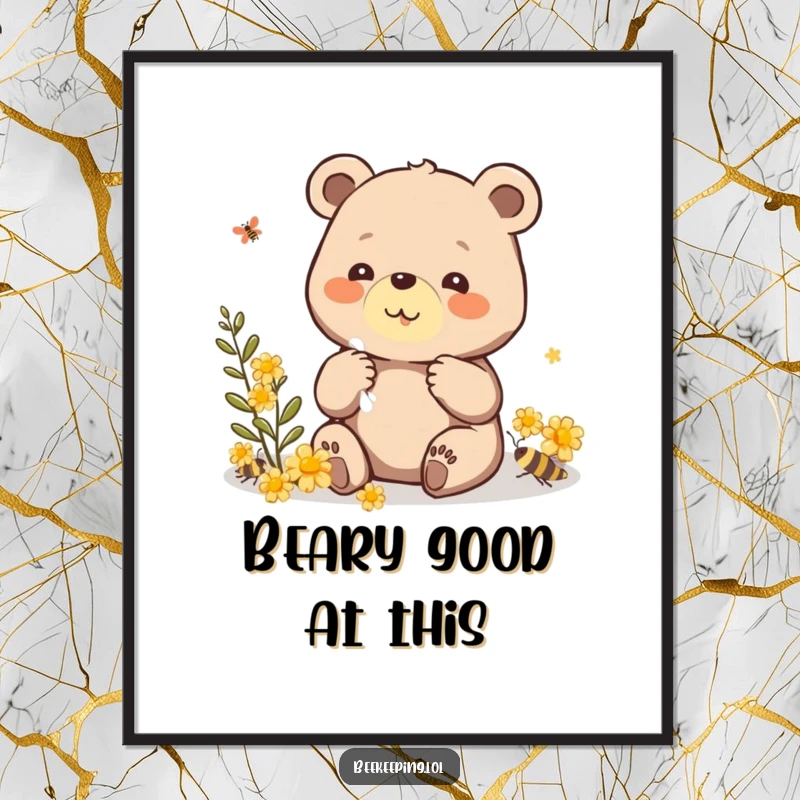 Funny Free Printable Wall Art: Beaming bear carefully collecting propolis, a warm and humorous downloadable art piece for any wall.