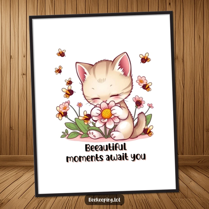 Funny Free Printable Wall Art: Adorable kitten gently pets a flower, surrounded by happy buzzing bees. Charming downloadable art.