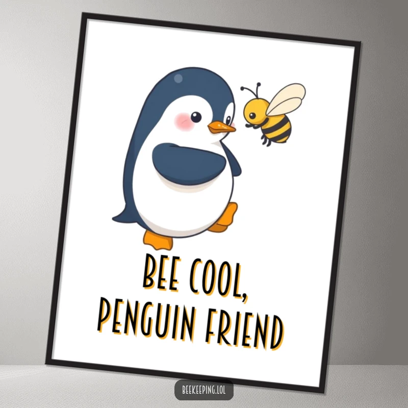 Funny Free Printable Wall Art: Shy penguin cautiously hovers near a buzzing bee, creating charmingly humorous decor.