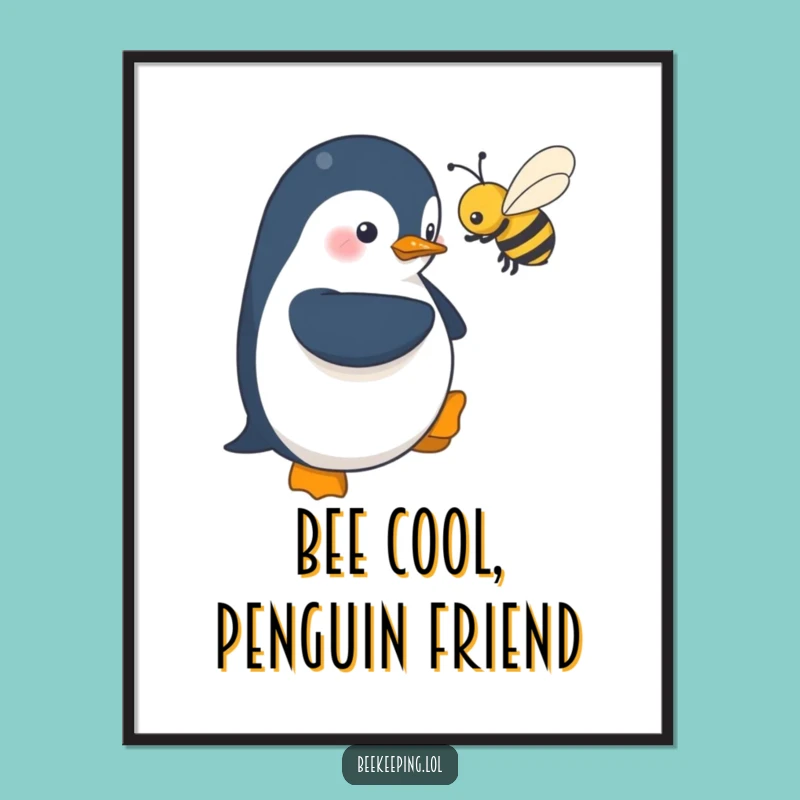 Free Printable Penguin Wall Art: Shy Near Bee, Funny Downloadable Decor