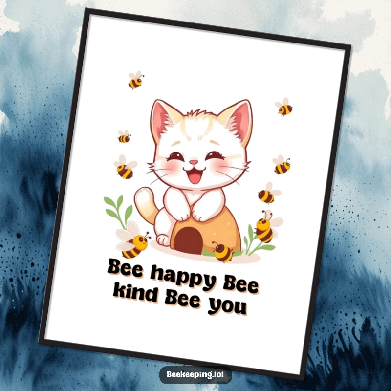 Funny Free Printable Wall Art: Happy kitten buzzing playfully around imaginary bees near a hive.